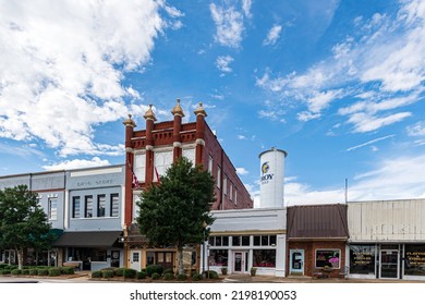 Troy, Alabama, USA - Sept. 3, 2022: Small Businesses Surrounding The Town Square Of Historic Troy, Alabama.