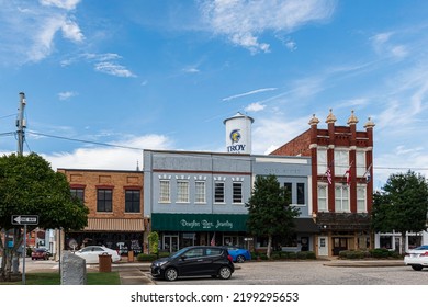 Troy, Alabama, USA - Sept. 3, 2022: View Of Small Businesses Surrounding The Town Square In Historic Downtown Troy, Alabama.