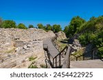 Troy ancient city view with a wooden walkway. Visit Turkiye background photo. Troy Ancient City in Canakkale.