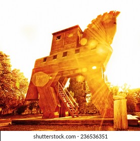 TROY, TURKEY APRIL 24: Reconstructed Trojan Horse on the site of the fabled battle recounted in the Illiad on April 24, 2012 in Troy, Marmara, Turkey