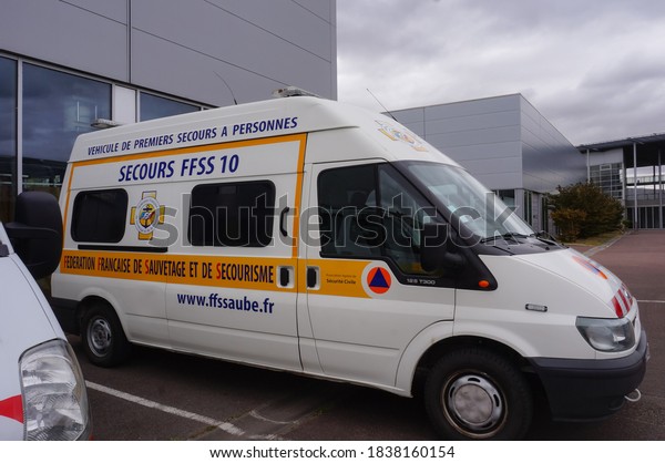 Troyes, France - Sept. 2020 - Renault Master FFSS
emergency vehicles (medical ambulances) of rescuers of the civil
protection unit of the UTT, University of Technology of Troyes, in
a parking lot