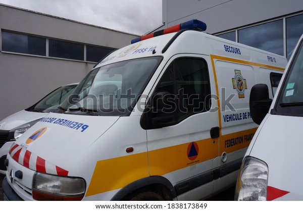 Troyes, France - Sept. 2020 - Renault Master FFSS\
emergency vehicles (medical ambulance) of the rescuers of the civil\
protection unit of the UTT, University of Technology of Troyes, in\
a parking lot