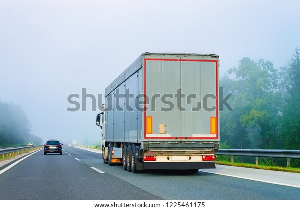 Truck in the asphalt road\
of Poland in a foggy weather. Lorry transport delivering some\
freight cargo.