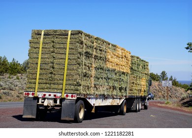 Truck With Bales Of Hay On Highway Through The High Desert Between Bend And Burns, Oregon