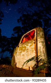 Truck Cabin Under A Clear Starry Night Sky. High ISO Some Unavoidable Noise Present.