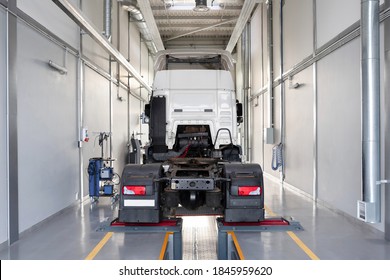 Truck In A Car Service For Maintenance. Servicing And Repairing Trucks In A Large Garage. Car Service, Repair, Diagnostics.