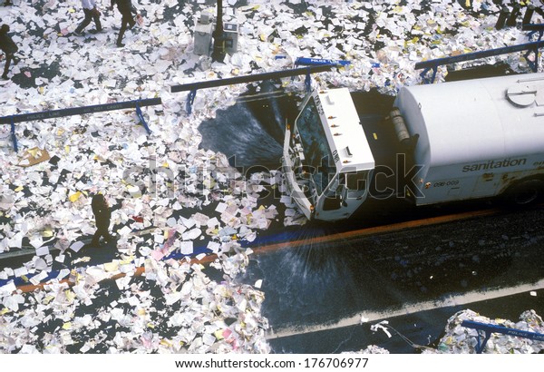 Truck Cleaning Street During Ticker Tape Parade, New\
York City, New York