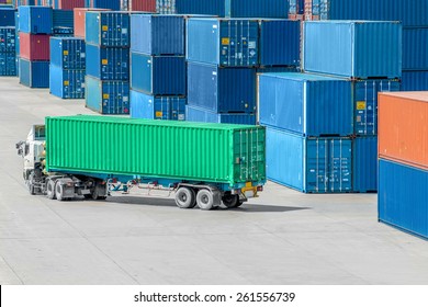 Truck In Container Depot In Import And Export Area At Port.