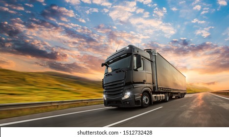 Truck with container on highway, cargo transportation concept. Shaving effect. - Shutterstock ID 1512732428