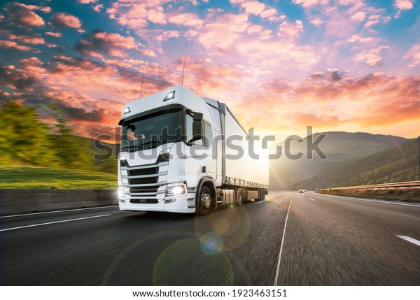 Truck with container on highway, cargo\
transportation concept. Shaving\
effect.