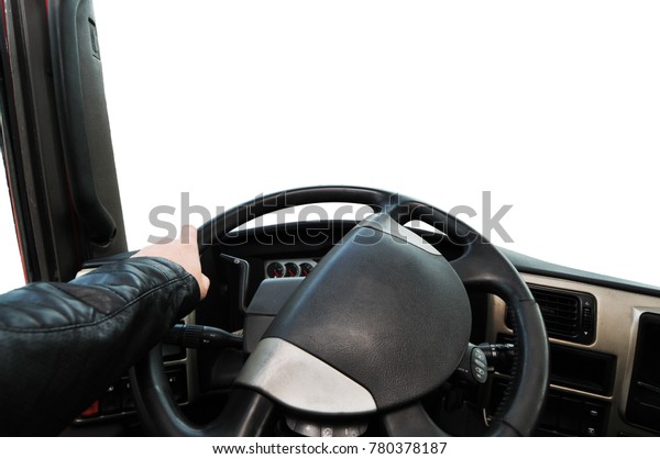 Truck dashboard with driver\'s hand\
on the steering wheel against isolated on a white\
background