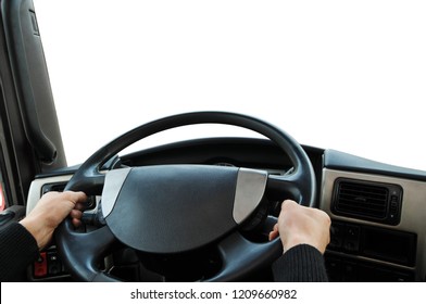 Truck Dashboard With Driver's Hands On The Steering Wheel Isolated On A White Background