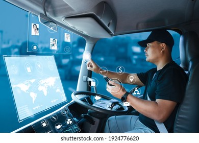 truck driver connects team call center through internet network. delivery man is searching for a location on a digitally displayed screen. Modern Transportation and driving tracking technology concept