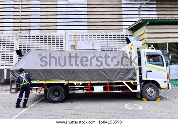 The truck driver\
is covering the canvas for the pickup truck and ready to deliver\
the product to the\
customer.