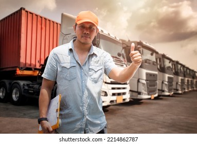 Truck Driver Is Looking And Giving Thumb-Up. Checking The Truck's Safety Of Semi Truck. Mechanic Repairman Auto Service Shop. Inspection Safety Driving. Freight Truck Transport Logistics	