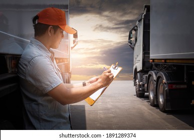 Truck Drivers Checking The Semi Truck's Maintenance Checklist. Mechanic Repairman Auto Service Shop. Inspection Safety Before Driving. Freight Truck Transport.