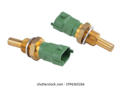 The Truck Engine Coolant Temperature Sensor Is Green, Isolated On A White Background. A Set Of Two Parts