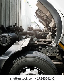 Truck Engine Open Servicing. Truck Engine Maintenance And Repair. Auto Service Shop