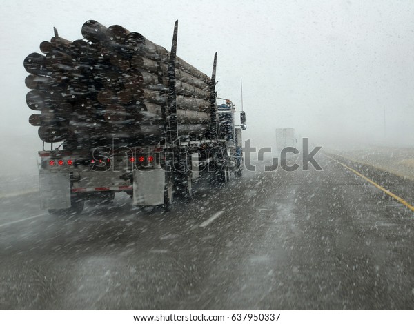 Truck hauling wood\
driving in snow storm