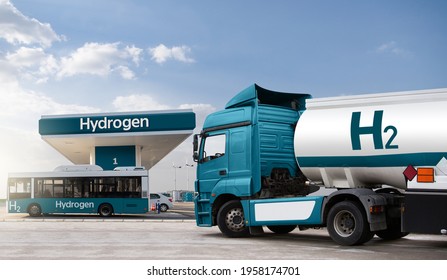 Truck With Hydrogen Fuel Tank Trailer On A Background Of H2 Filling Station. Concept