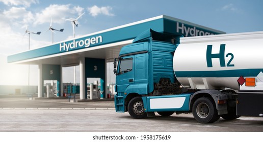 Truck With Hydrogen Fuel Tank Trailer On A Background Of H2 Filling Station. Concept