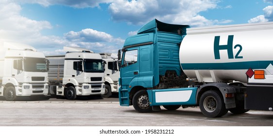 Truck With Hydrogen Fuel Tank Trailer On A Background Of Trucks