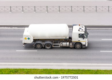 Truck With A Large Cylinder Under High Pressure Liquefied Propane Gas, Butane