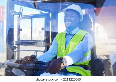 Truck, Logistics And Transport With A Black Man Or Shipping Worker Driving A Vehicle On A Commercial Container Dock. Freight, Cargo And Stock With An Male Courier Driver At Work In The Export Trade