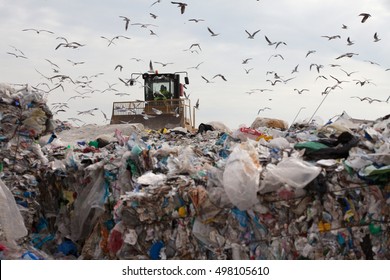 Truck managing household garbage on a landfill waste site - Powered by Shutterstock
