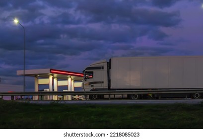 Truck Moves On Country Highway At Night