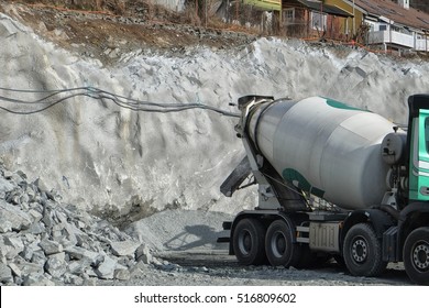 A Truck Offloading Cement On A Construction Site In Norway