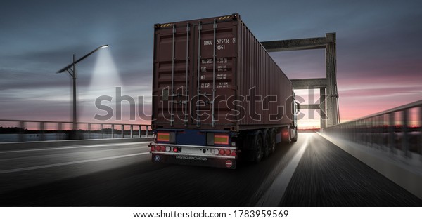 Truck on a bridge at\
sunset