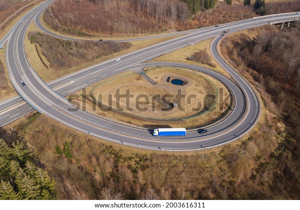 a truck on a\
highway landscape from above