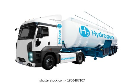 Truck On Hydrogen Fuel With H2 Tank Trailer Isolated On A White Background.