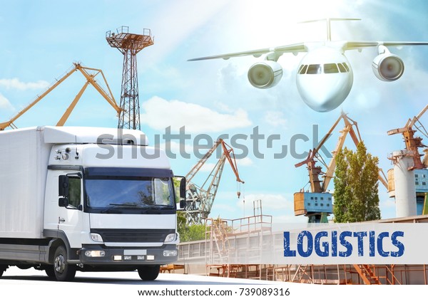 Truck on road and airplane in sky. Concept of\
wholesale and logistic