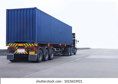 Truck on road with blue container, transportation concept.,import,export logistic industrial Transporting Land transport on the expressway