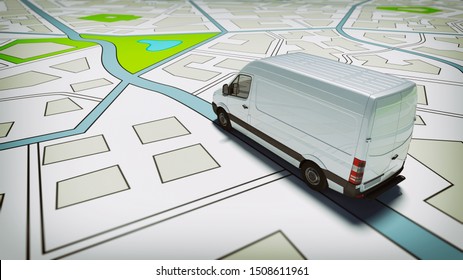 Truck On A Road City Map. Concept Of Global Shipment And GPS Tracking