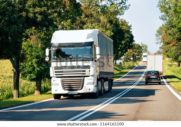 Truck on the road of Poland. Lorry transport\
delivering some freight\
cargo.