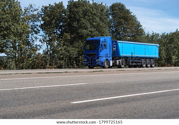 truck on the\
road, side view, empty space on a blue container - concept of cargo\
transportation, trucking\
industry