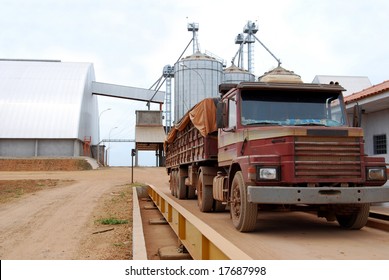 Truck on a scale with a load of soybeans in Brazil, soy storage warehouse and silos in the background