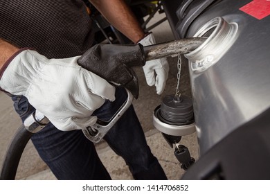 Truck Refuel Action Close Up Petrol Tanker