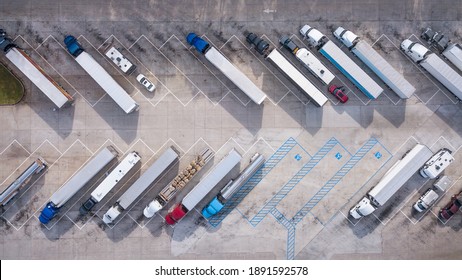 Truck stop on Rest area On the highway. Top view car parking lot. Truck Driver company. View from the bird's flight. Aerial photography. 