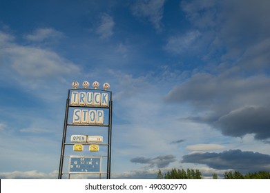  Truck Stop Sign On Highway Roadside.