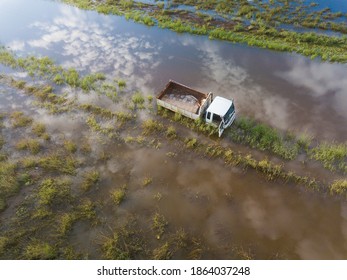 Truck Stuck On Flooded Road With Its Door Open. Tweed Heads, Northern NSW, Australia