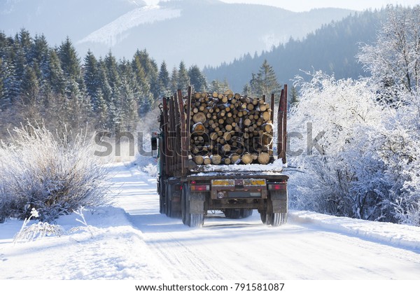 Truck with
timber on a snow-covered mountain road.  Winter frosty day. Trees
in the hoarfrost. Tatras.
Slovakia