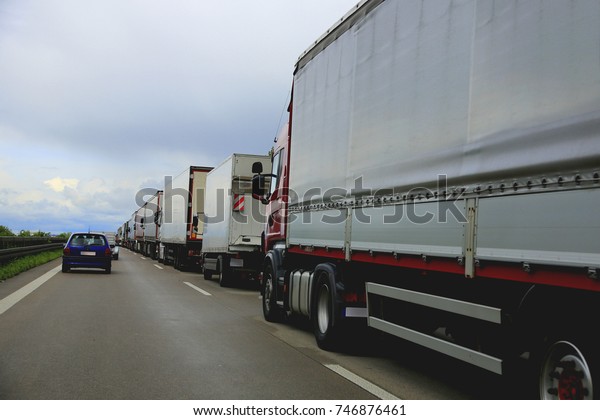 Truck traffic jam on\
freeway, Germany