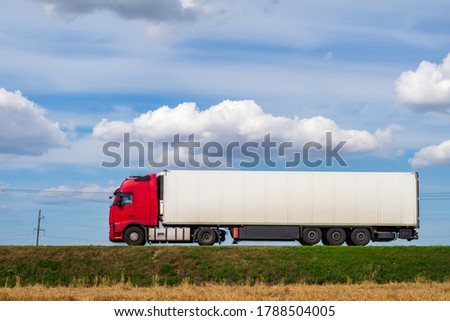 Truck trailer with container. Cargo delivery vehicle template, side view.  Big commercial cargo van, freight car. Branding mockup.