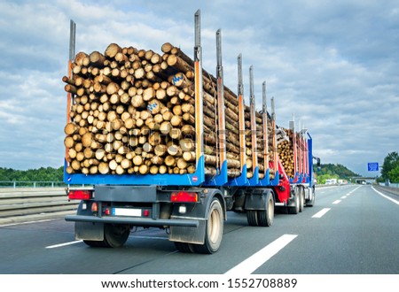 Truck with trailer loaded with tree trunks on german highway 