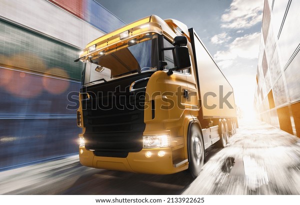 Truck transport drives through\
harbor, Logistics import export transport industry Cargo\
background