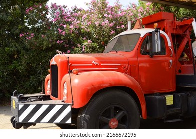 Truck And Transport Museum. Ramla Israel June 2022 Red 1961 Mack B61 Heavy Wrecker. Giant Vintage Truck. A Real American Truck. Made In USA Real McQueen